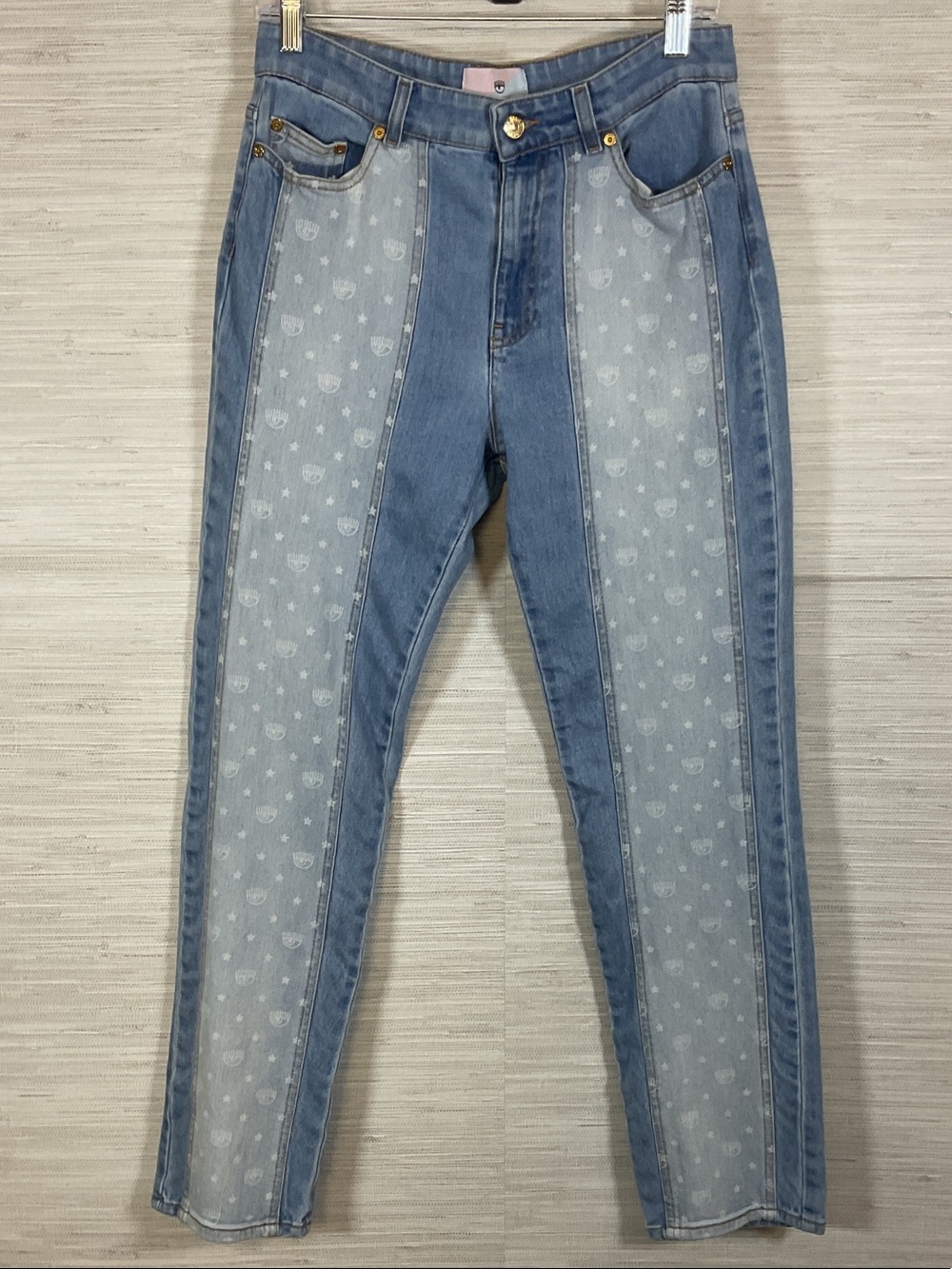 Chiara Ferragni Two-Tone Light Blue Monogram Panel Jeans 28 Straight